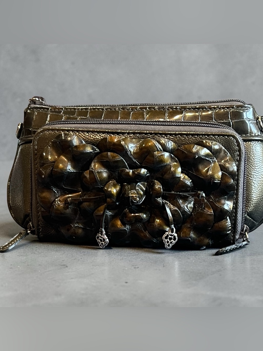 Brighton Rosalie 3D Patent Flower Mini Organizer Crossbody Clutch Bronze Olive